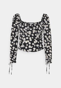 Svart långärmad blus med vita prästkragor i blommigt mönster, fyrkantig halsringning, puffade axlar och knytband vid ärmkanterna.