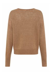 Brown gebreide trui met een ronde halslijn, lange mouwen en een relaxte pasvorm. De textuur lijkt zacht en licht fuzzy.