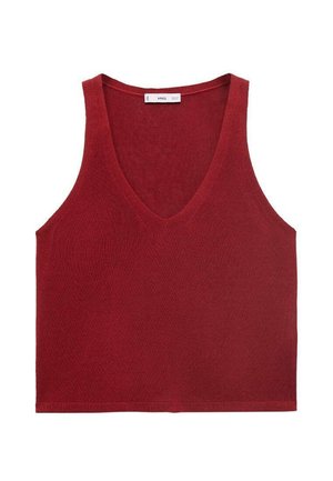 Top senza maniche lavorato a maglia rosso con profondo scollo a V, tessuto testurizzato e orlo dritto. Stile semplice e minimalista.