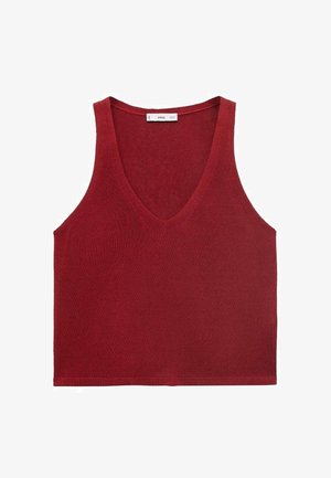 Red knitted tank top with a deep V-neck, sleeveless design, textured fabric, and a straight hem. Simple and minimalist style.