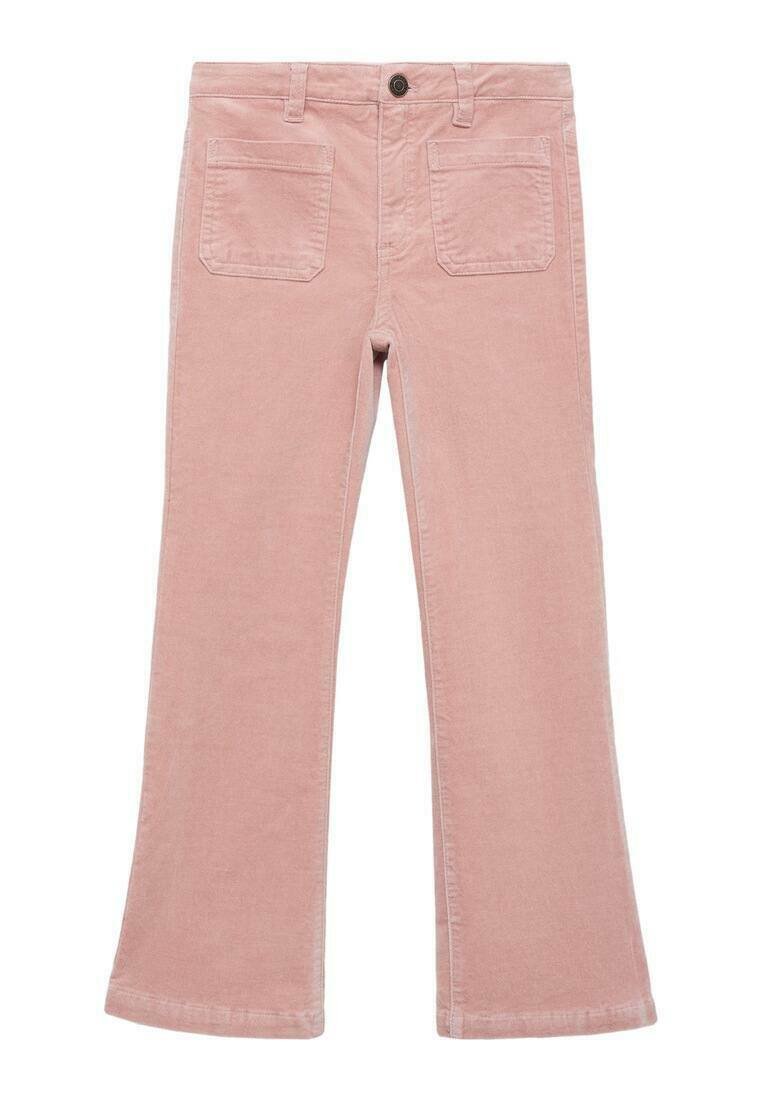Pantaloni a zampa d'elefante in corduroy rosa con chiusura a bottone, due tasche posteriori e una finitura morbida e testurizzata.