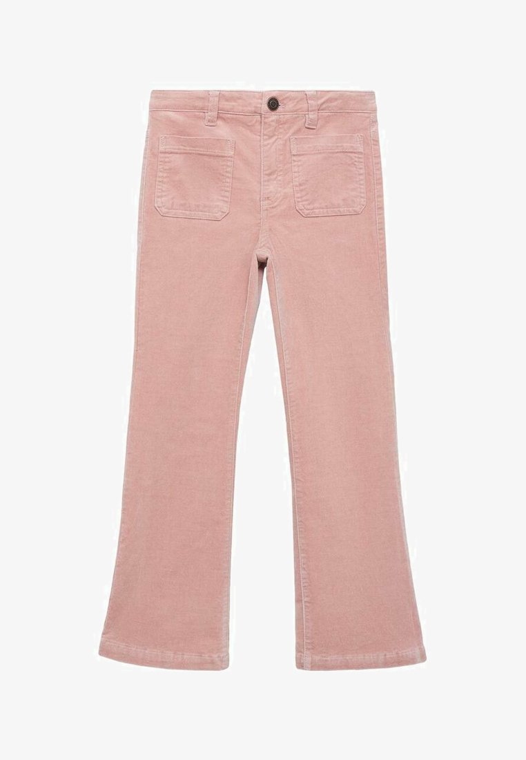 Pantaloni a zampa d'elefante in corduroy rosa con chiusura a bottone, due tasche posteriori e una finitura morbida e testurizzata.