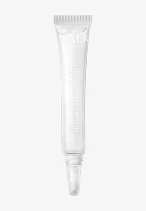 Klare Tube des IsaDora feuchtigkeitsspendenden Lippenfarbgloss mit Applikatorspitze und weißem Text auf einfarbigem Hintergrund.