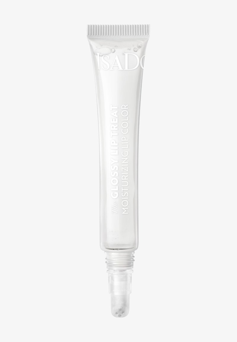 Tube transparent de gloss à lèvres hydratant IsaDora avec embout applicateur et texte blanc sur fond uni.