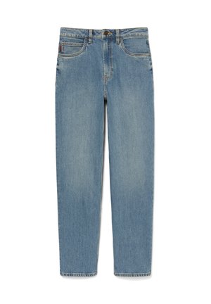 Vaaleansiniset farkut, joissa suora lahkeen malli, viisi taskua ja hillitty haalistuma. Ominaisuuksiin kuuluu ommeltu vyötärönauha ja metallinen napin suljin.