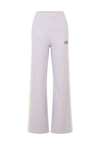 Lila wijde broek gemaakt van zachte stof, met witte zijstrepen en een klein zwart logo op de linker bovenbeen. Elastische tailleband.