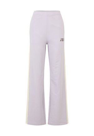 Lila wijde broek gemaakt van zachte stof, met witte zijstrepen en een klein zwart logo op de linker bovenbeen. Elastische tailleband.