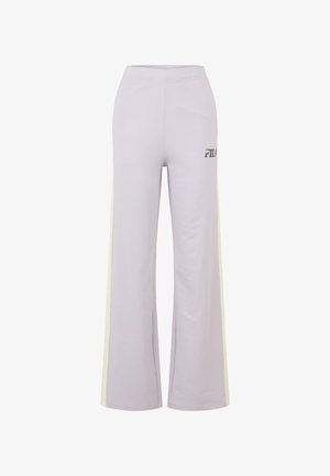 Lilac wide-leg pants made from soft fabric, featuring white side stripes and a small black logo on the left thigh. Elastic waistband.