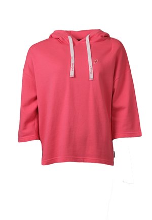 Sudadera rosa recortada con mangas tres cuartos, cordones blancos y un pequeño corazón bordado en el pecho izquierdo.