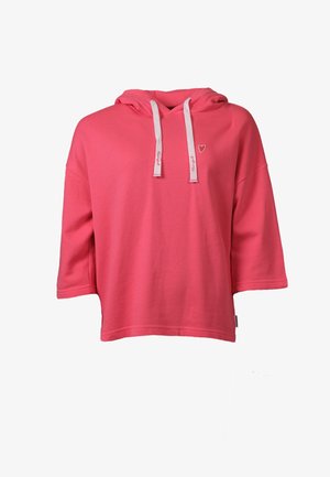 Roze cropped hoodie met driekwartmouwen, witte trekkoorden en een klein geborduurd hartje op de linkerborst.