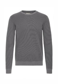 Pulover gri tricotat cu decolteu rotund, mâneci lungi și manșete și tiv cu dungi tip coaste. Prezintă un model texturat pe întreaga suprafață a materialului.