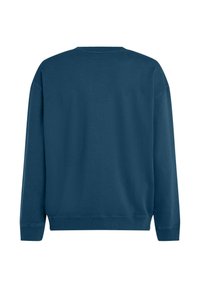 Dunkelblaues Sweatshirt mit langen Ärmeln aus weichem Stoff, mit Rundhalsausschnitt sowie gerippten Bündchen und Saum. Keine sichtbaren Muster oder Grafiken.