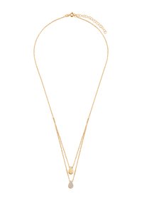 Naszyjnik warstwowy w kolorze złotym z dwiema łańcuszkami; jeden z nich posiada gładki owalny wisiorek, a drugi wisiorek w kształcie łezki ozdobiony przezroczystymi kamieniami.