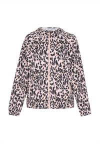 Pink leopardprint jakke med lynlås, der har lange ærmer og lette materialer. Designet fremhæver sorte og brune accenter.