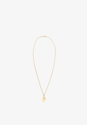 Zlatni ton ogrlica s tankim lančićem i malim privjeskom u obliku anđela. Lančić ima zatvaranje na kopču u obliku jastoga. Cjelokupna površina je glatka.