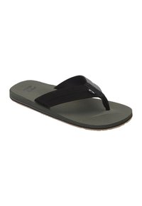 Fekete és olajzöld strandpapucs, texturált talpbet�éttel, két fekete pánttal és minimális barázdázottságú barna gumitalppal.