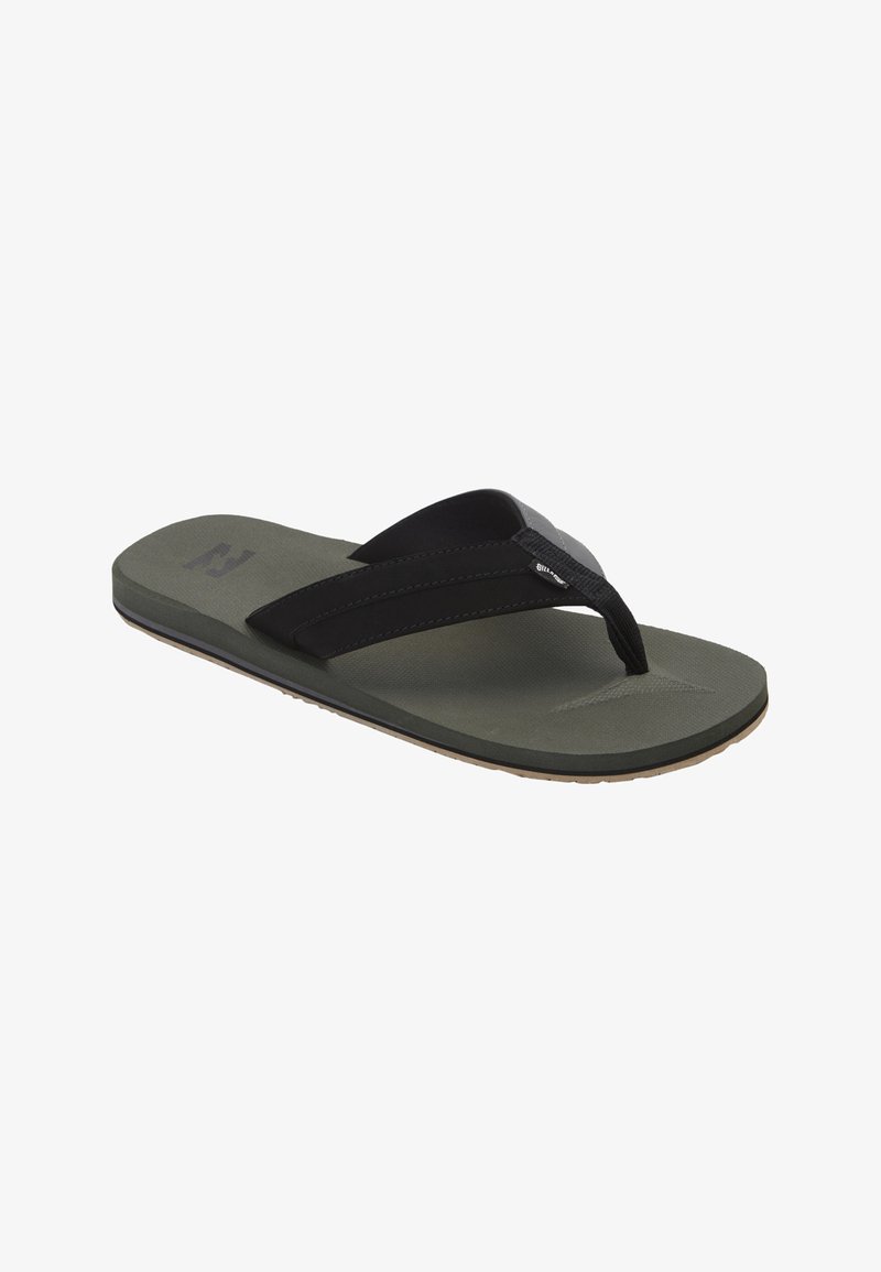 Black and olive green flip-flop featuring a textured footbed, two black straps, and a brown rubber sole with minimal tread pattern.