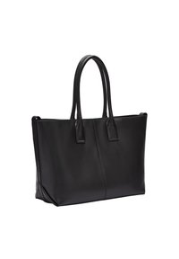 Sac fourre-tout en cuir noir avec deux poignées supérieures, texture lisse, forme rectangulaire et un détail de couture subtil au centre.