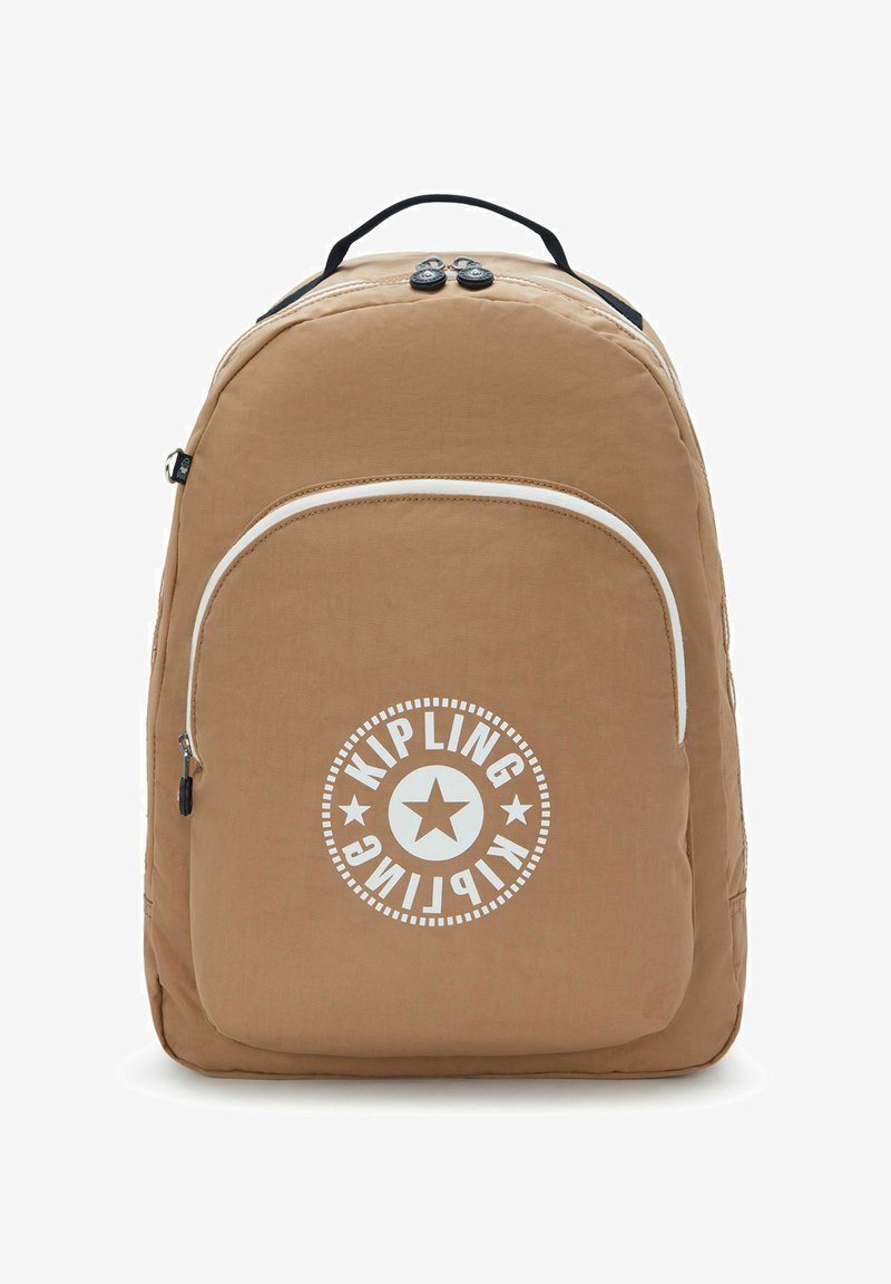 Brown nylon backpack with a rounded shape, features a white logo with a star, zippered front pocket, and dual top handles.