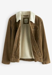 Veste en velours côtelé marron avec doublure sherpa crème, devant ouvert, poignets à boutons et poches poitrine avec rabats et boutons.