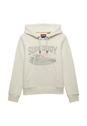 Sudadera con capucha color blanco hueso, con bolsillo frontal, capucha con cordón y texto "SUPERDRY" encima de un gráfico de un árbol, un lago y un sol naciente.