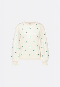 Maglione crema con maniche a sbuffo, caratterizzato da ricami floreali e fogliari in teal su tutta la superficie. Texture a maglia, scollatura rotonda, orlo e polsini a coste.