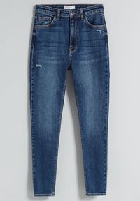 Smala jeans i mörkblå denim med lätt tvätt, med hög midja, fem fickor och subtil slitning på framsidan.