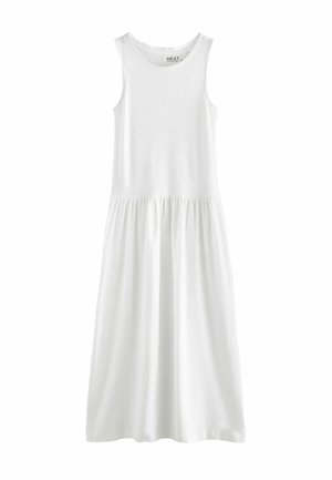 Robe blanche sans manches en tissu doux ; présente une encolure ronde, un corsage ajusté et une jupe élastique avec une silhouette fluide.