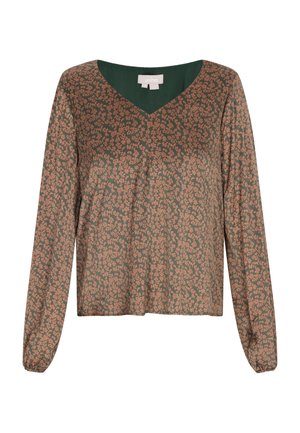 Barna virágmintás, hosszú ujjú blúz, V-kivágással, sima anyagból készült, zöld béléssel és gumírozott mandzsettákkal.