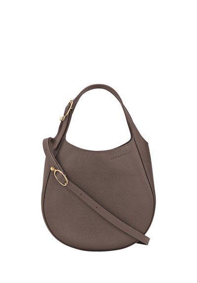 Brown pebbled leather handbag with a curved shape, featuring a short handle and a detachable shoulder strap, accented with gold hardware.