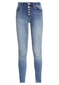 Jeans ajustados de talle alto en azul con cinco botones plateados y bolsillos delanteros, con detalles de desgaste en los muslos y las rodillas.