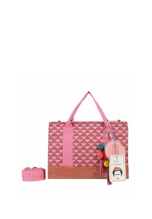 Borsa tote rettangolare con fantasia rosa e malva, doppio manico, base in suede, portachiavi colorato con pompon e targhette a tema Frida Kahlo.