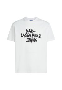Tricou alb cu mânecă scurtă, cu text stil spray-paint negru "KARL LAGERFELD JEANS" centrat pe față.