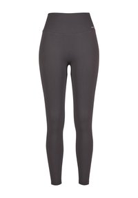 Høyt liv, ribbede leggings i mørkegrå. Laget av elastisk stoff, med en sømløs midje og tettsittende silhuett for komfort.