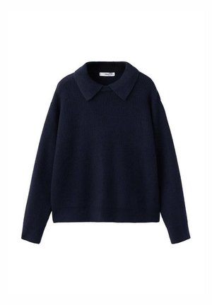 Navy blue knitted long-sleeve sweater with a wide, pointed collar and a relaxed fit on a white background.