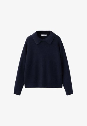 Temno modra pletena pulover z dolgimi rokavi, širokim, nazobčanim ovratnikom in sproščenim krojem na belem ozadju.