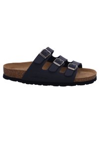 Svart slidesandal med tre justerbara remmar och silverfärgade spännen, en fotbädd av kork och en texturerad gummisula med präglad logotyp.