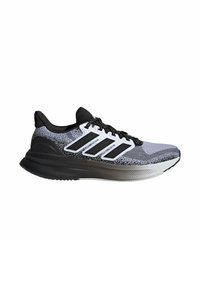Running shoes with a black and grey knit upper, white accents, black laces, and a thick, textured sole. Features three black stripes on the side.