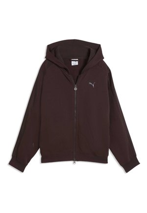 Felpa con cappuccio e zip marrone scuro con tasche a marsupio, polsini a coste e piccolo logo Puma argentato sul petto sinistro.