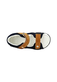 Sandal in suede blu navy con cinturini in pelle marrone e soletta bianca perforata. Chiusura regolabile con Velcro e suola in gomma nera con fori circolari.