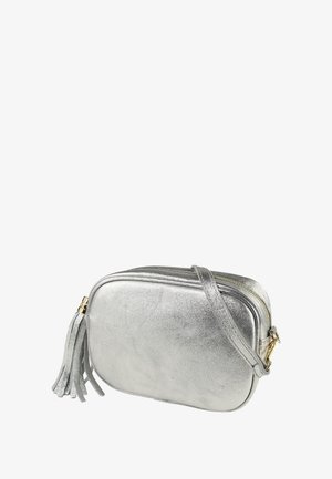 Zilverkleurige metallic crossbodytas met een strak rechthoekig ontwerp, een textuurlaag, gouden hardware en een tassel-accent aan de rits.