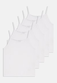 Five white cotton camisoles with thin straps, featuring a back bow detail and a simple, smooth design.