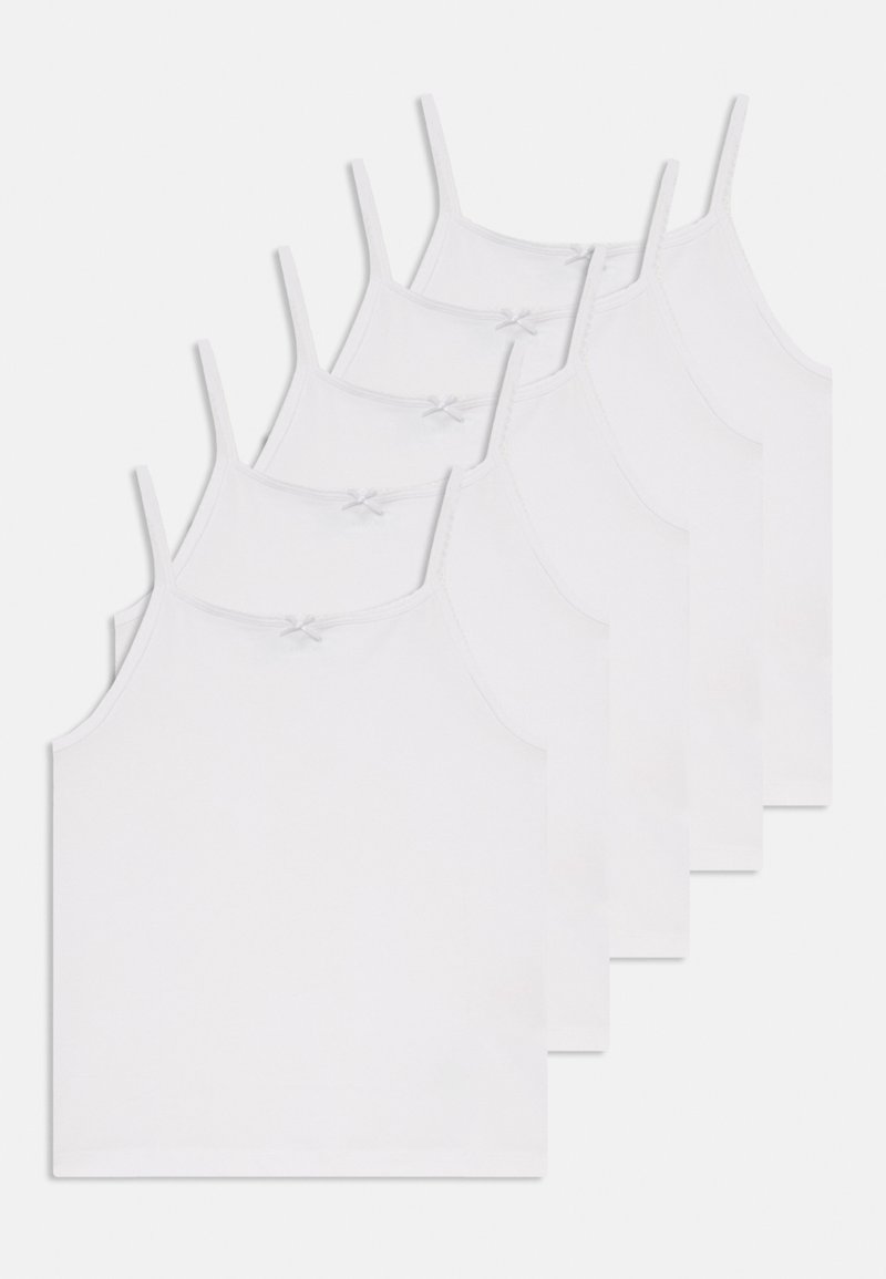 Five white cotton camisoles with thin straps, featuring a back bow detail and a simple, smooth design.