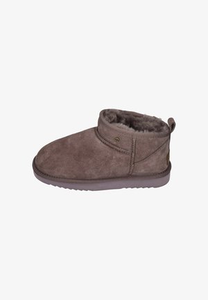 Brown suede ankle boot with a plush inner lining, rounded toe, and a small back tab for easy wear. Textured sole for grip.