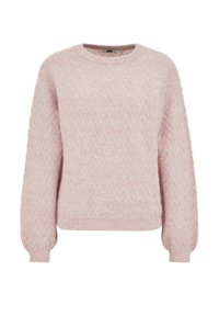 Rózsaszín kötött pulóver halszálka mintával, kerek nyakkivágással, hosszú ujjakkal, bordázott mandzsettákkal és szegéllyel. Puha, texturált anyag.