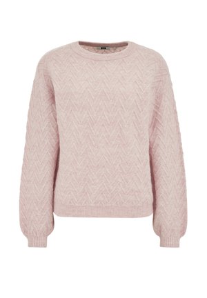 Rozā tamborēts džemperis ar zivju kaula rakstu, apaļu kakla izgriezumu, garām piedurknēm un ribotu aproču un apakšmalu. Mīksta, teksturēta auduma.