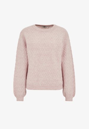Pulover roz tricotat cu model chevron, decolteu rotund, mâneci lungi și manșete și tiv cu refileturi. Material moale și texturat.