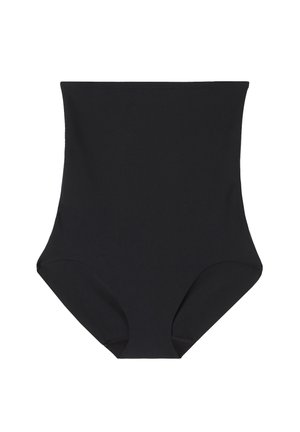 Černé kalhotky s vysokým pasem, hladkým povrchem, minimalistickým designem a bez viditelných švů nebo zdobení.