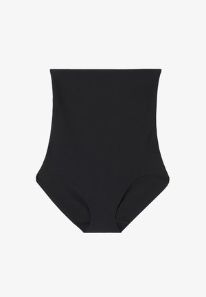 Hochgeschnittene schwarze Panties mit glatter Textur, minimalistischer Gestaltung und ohne sichtbare Nähte oder Verzierungen.