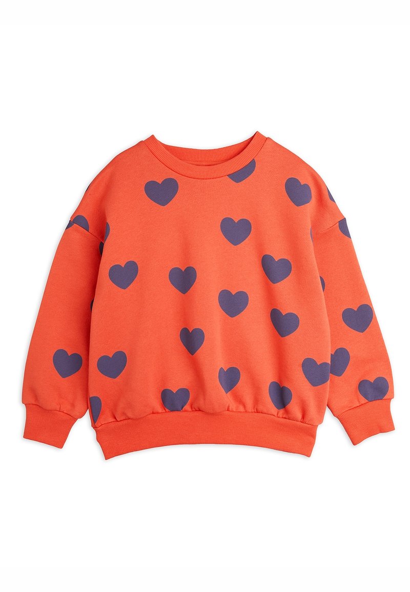 Sweat-shirt enfant orange vif avec motifs en forme de cœur bleu foncé, poignets, ourlet et col rond côtelés.